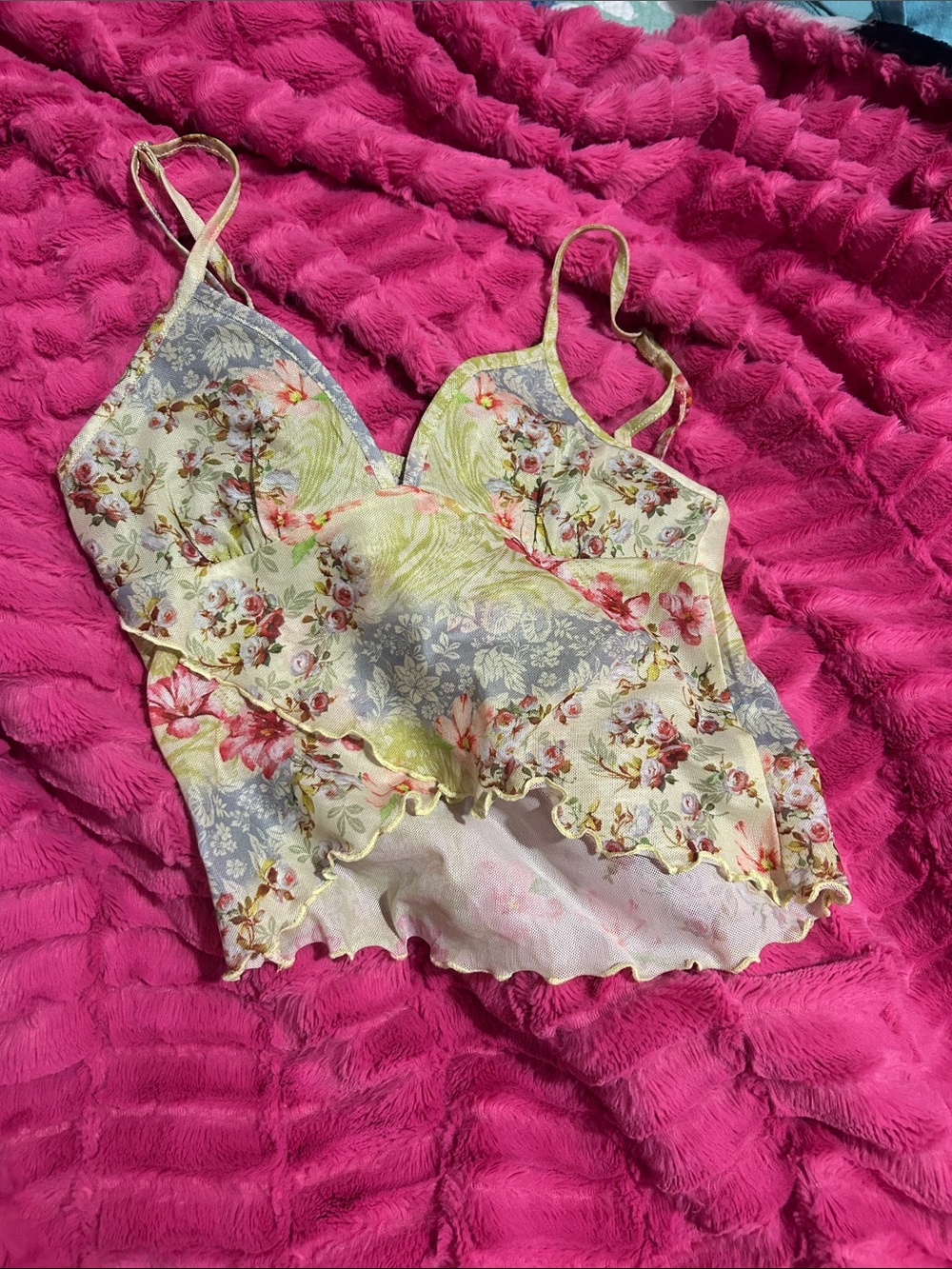 Floral Ruffle Trim Camisole - Yellow & Gray Floral